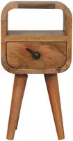 Artisan Furniture Itin kompaktiškas lenktas mango medienos naktinis staliukas su lentyna, ąžuolo atspalvio