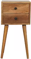 Artisan Furniture Kompaktiškas mango medienos naktinis staliukas su 2 stalčiais, ąžuolo atspalvio