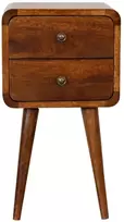 Artisan Furniture Kompaktiškas lenktas mango medienos naktinis staliukas su 2 stalčiais, kaštono atspalvio