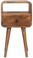 Artisan Furniture Kompaktiškas lenktas mango medienos naktinis staliukas su stalčiumi ir lentyna, ąžuolo atspalvio