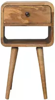 Artisan Furniture Kompaktiškas žemas mango medienos naktinis staliukas su stalčiumi ir lentyna, ąžuolo atspalvio