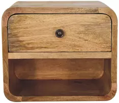 Artisan Furniture Kompaktiškas sieninis mango medienos naktinis staliukas su stalčiumi ir lentyna, ąžuolo atspalvio