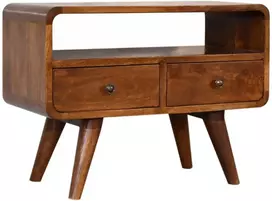 TV staliukas Artisan Furniture Kompaktiška lenkta mango medienos TV spintelė su 2 stalčiais, kaštono atspalvio