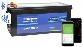 „EUROPOWER“ serijos LiFePO4 akumuliatorius LFP 12,8 V 280 Ah su „Bluetooth“, šildomoji kilimėlė (tarnavimo laikas ~4000 ciklų)