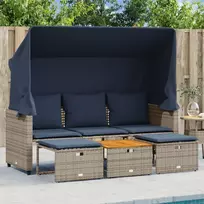 Sodo sofa, 3 vietų, su stogeliu ir taburetėmis, pilka, poliratanas