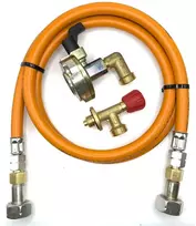 LPG aukšto slėgio dujų žarna 1,5 m su 27 mm kampiniu Clip-On adapteriu (90°) ir Campingaz 901 / 904 / 907 jungtimi