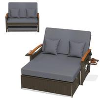 Costway 3 viename rotango poilsio baldų komplektas su dvigule kušete sodo sofa 2 vieta su taburete pilka