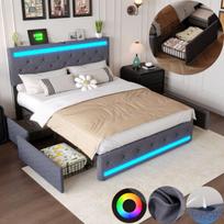 Lova 140x200 cm, LED ir USB, 4 stalčiai, lentjuostinis pagrindas, skandinaviškas stilius, paauglio rėmas, lininis audinys, pilka