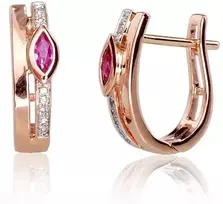 Auksiniai auskarai anglišku užsegimu, Raudonas Auksas, Briliantai , Rubinas - 2.1 g. - 14 mm. - Briliantai (0,032Ct), Rubinas (0,235Ct)