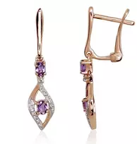 Auksiniai auskarai anglišku užsegimu, Raudonas Auksas, Briliantai , Ametistas - 1.78 g. - 26 mm. - Briliantai (0,056Ct), Ametistas (0,225Ct)