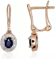 Auksiniai auskarai anglišku užsegimu, Raudonas Auksas, Briliantai , Safyras - 1.94 g. - 18 mm. - Briliantai (0,072Ct), Safyras (0,516Ct)