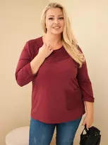 Moteriškas Plus Size džemperis su ažūrine įsiuva ir kišene, bordo spalvos