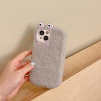 Animacinis mielas varlės lęšio pliušinis telefono dėklas iPhone 15 Pro 14 13 12 11 Max, visiškai apgaubiantis TPU, mergaitiškas pliušinis telefono dėklas for iphone14pro(6.1") gray