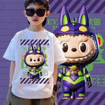 New children's labubu Boo&Evangelion cartoon T-shirt suitable for both men and women, oversized and fashionable 140 black