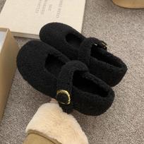 Autumn Winter Fur Footwear Women's Mary Jane Shoes Concise Warm Outdoor Low Hee Loafers Ladies Comfortable Cotton Flats Shoes 40 juoda