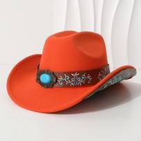 Embroidered patch double-curved cowboy hat for men and women, fedora, jazz hat, riding hat, western cowboy hat with upturned brim Average Size oranžinė