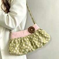 Pleated Design Dumpling Bag Retro Polka Dot Wooden Button Decor Handbag Soft Striped Shoulder Bags Pattern Casual Commuter Bag ruda