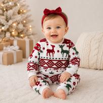 Kids Christmas Long Sleeve Round Neck Top and Pants Set for Boys Girls, Cute Winter Warm Outfit 12 brown