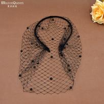 Black Birdcage Veil with Pearl Headband, Retro Mesh Face Veil for Wedding Party Photography Cocktail Event One Size black