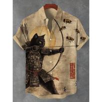 Vyriški marškiniai Warrior Samurai Katės Atspaudas Havajų Paplūdimio Marškiniai Vyrams 3D Spausdinimo Havajų Marškiniai Moterų Mada Trumpomis Rankovėmis 3XL black