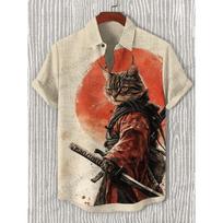 Vyriški marškiniai Warrior Samurai Katės Atspaudas Havajų Paplūdimio Marškiniai Vyrams 3D Spausdinimo Havajų Marškiniai Moterų Mada Trumpomis Rankovėmis 2XL brown