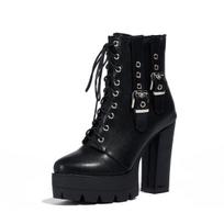 Women's Round-Toe Leather Martin Boots: Buckle Chunky Heel, Thick Sole, European Punk Style, Height-Boosting Motorcycle Footwear. 38 juoda