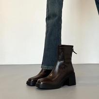 Height-increasing platform short boots women's high-heeled thick-heeled Martin boots French square-head thin boots winter velvet Martin boots 40 ruda