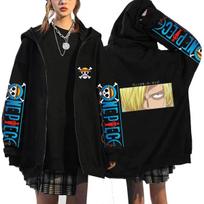 Vienas gabalas Sanji Užtraukiamas džemperis su gobtuvu, Šiaudų skrybėlės logotipas su Vienas gabalas rankovėmis Nugarinė pusė Sanji rimtos akys iš arti su Vinsmoke Sanji japoniškas, Oversized anime užtraukiamas džemperis M juoda