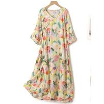 Lazy Fan Cheongsam-style Nightdress Women's Summer Cool Cotton and Silk Dress National Style Skirt Extended 2XL beige