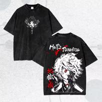 Vintage Washed Gabimaru T‑Shirt Men Hell's Paradise Anime Graphic Tee Print Oversized Short‑Sleeve Crew Neck Streetwear Tops S black
