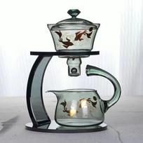 Luxury Kung Fu Tea Brewer Set, Semi-Automatic Magnetic Design, Translucent Black Borosilicate Glass Fish Year After Year pilka spalva