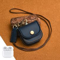 Luxury Genuine Leather Case For Apple Airpods 4 3 2 1 Airpods Pro Wireless Earphone Cases funda Airpod Cover with lanyard For Airpods 2 tamsiai mėlyna spalva