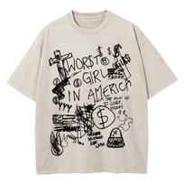 Medvilniniai Vintažiniai Skalbti Slayyyter WORT MERGINA AMERIKOJE Marškinėliai Unisex Moteriški Retro Grafiti Šaunūs Laisvi Rūgštinio Plovimo Marškinėliai 4XL white