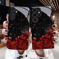 Grūdinto stiklo telefono dėklas Galaxy S26, S21, S22, S23, S24, S25 FE Ultra Plus serijos modeliams. Dizainas: Raudona žvaigždėta dangaus rožė. For Galaxy S22 Ultra gray