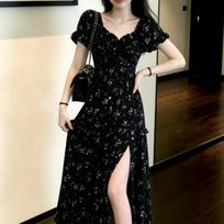 Huge good-looking, beautiful, especially beautiful, small skirt, summer new French floral chiffon dress, long dress. 2XL black