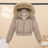 Hooded Fur Collar Cotton Jacket Women's Winter Thickened Warm Short Bread Jacket L gray