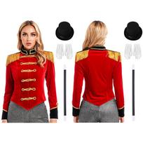 Women‘s Halloween Carnival Costume S-3XL: Golden Trim Fringe Shoulder Jacket with Front Buttons, Complete with Hat & Gloves Set XL