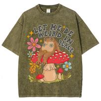 Lazy Cute Frog Mushroom Flower Print T-Shirt Retro Washed De L armijos žalia spalva