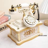 Nordic Style Carved Rotary Dial Telephone Music Box Ornament for Home or Hotel Desk Decor beige