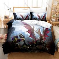 Monster Hunter Rise Merch 3PCS Bedding Duvet Cover With 2 Pillowcases Washable Zipper Gaming Bed Cover 135cmx200cm gray