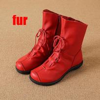 Women's Top Layer Cowhide Ankle Martin Boots - Autumn Winter Fleece Lined & Unlined Soft Sole Non-Slip Low Shaft Solid Color Boots 43 red