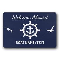 Personalized Welcome Aboard Boat Door Mats, Rubber Backing Welcome Mat, Anchor Nautical Rug, Indoor and Outdoor Gift 60cm x 40cm white