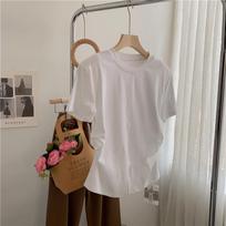 Pure Desire Women's Irregular Slit T-Shirt - Waist-Hugging, Round Neck, Short Sleeves, Loose Summer Style, Sexy Design, High Quality Medium balta