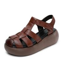 Madingos Aukštos Kokybės 6CM Karvės Pynimo Natūralios Odos Atvirais Pirštais Batai Sandalai Batai Plokščiapadžiai Moteriški Mary Jane Kulniukai Platformos Pleištas VasarosBatai 37 ruda