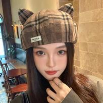 Sweet and Cute Cat Ear Beret Korean Casual and Versatile Windproof Octagonal Hat Autumn and Winter Fashion Warm Hat for Women average size gray