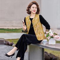 Elegant Chinese Three-Piece Set: Wide-Leg Pants and Vest Suit for Middle-Aged & Elderly Women - Spring/Autumn Style 3XL [Recommended 120-135 lbs] black