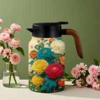 Built in Infuser Floral Pattern Teapot Stainless Steel Inner Liner Thermos Water Bottle  Daily Use C black
