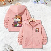 Trendy Kids Hoodie Capybara Zip Up Jacket Boys Girls Zipper Spring and Autumn Capibara Cartoon Sweatshirts Kawaii Clothing 120 rožinė
