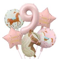 6pcs Pink Pony Birthday Foil Balloon 32inch Number Balloon 1-9 for Kids Girls 1-9th Birthday Cute Animal Farm Thme Party Decor as shown beige