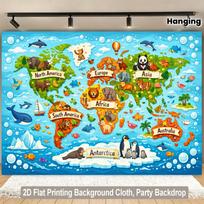 Vibrant World Map Animal Zoo Tapestry Background Cloth Hanging Wall Art Decor Kids Nursery School Party Backdrop Poster 100X150CM beige